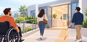 Flat vector illustration showing a wheelchair user, a person walking, and a visually impaired person with a white cane entering an accessible building with a ramp, handrails, and tactile paving.