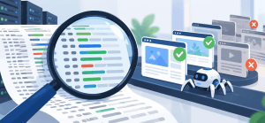 Flat vector illustration showing server log files being inspected with a magnifying glass, while crawler activity checks healthy and problematic website pages to reveal SEO health issues.