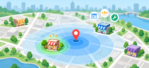 Flat vector illustration showing a local SEO proximity map with nearby businesses, ranking radius rings, and location signals around a central map pin.